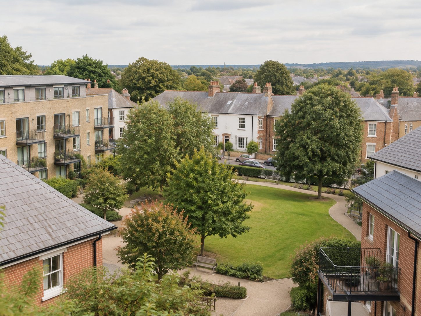 An elevated view over a small residential development