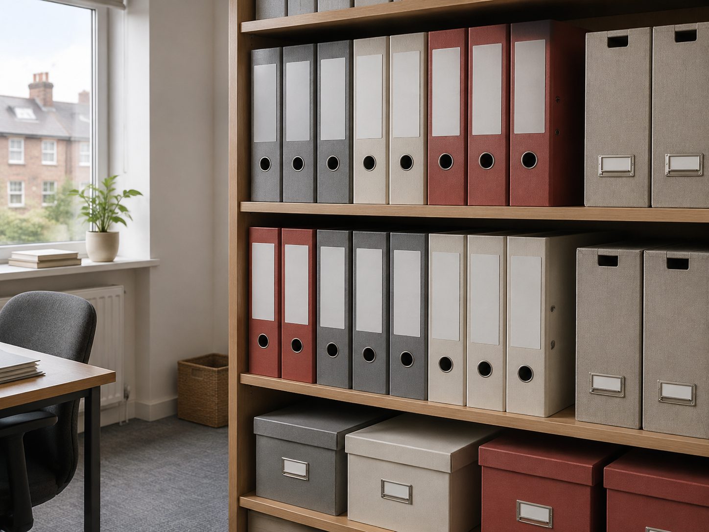 A shelf of building records in a small office