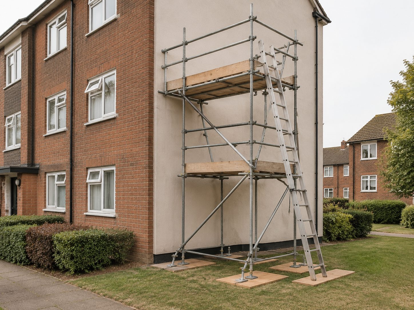 A scaffolding tower against the flank wall of a block