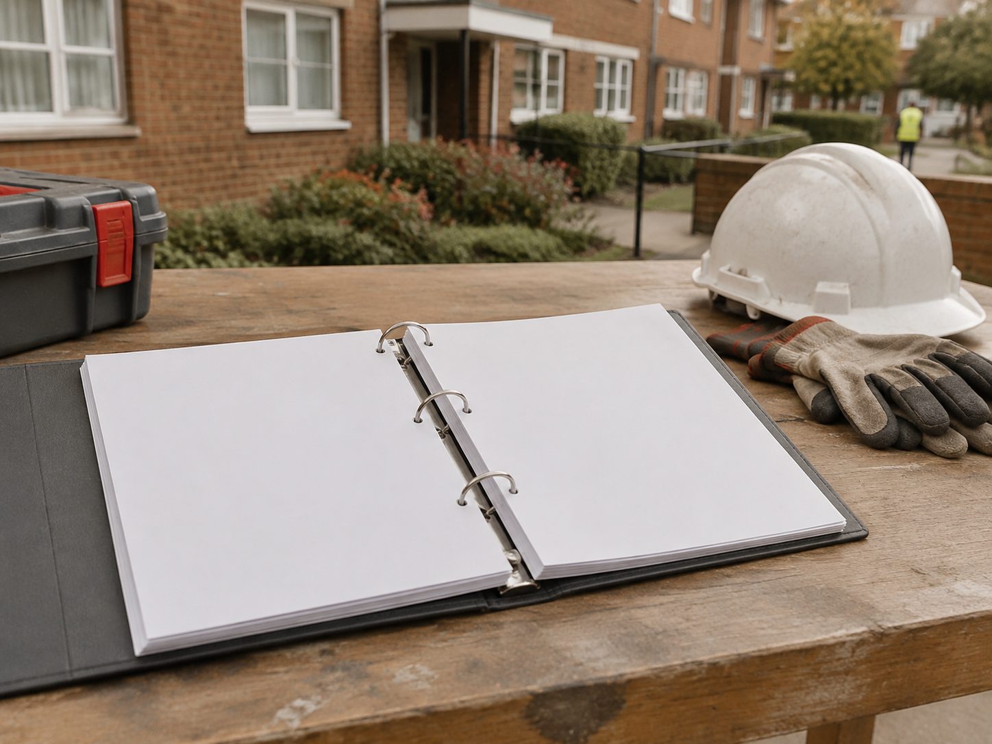 A ring binder of documents beside work gloves and a hard hat