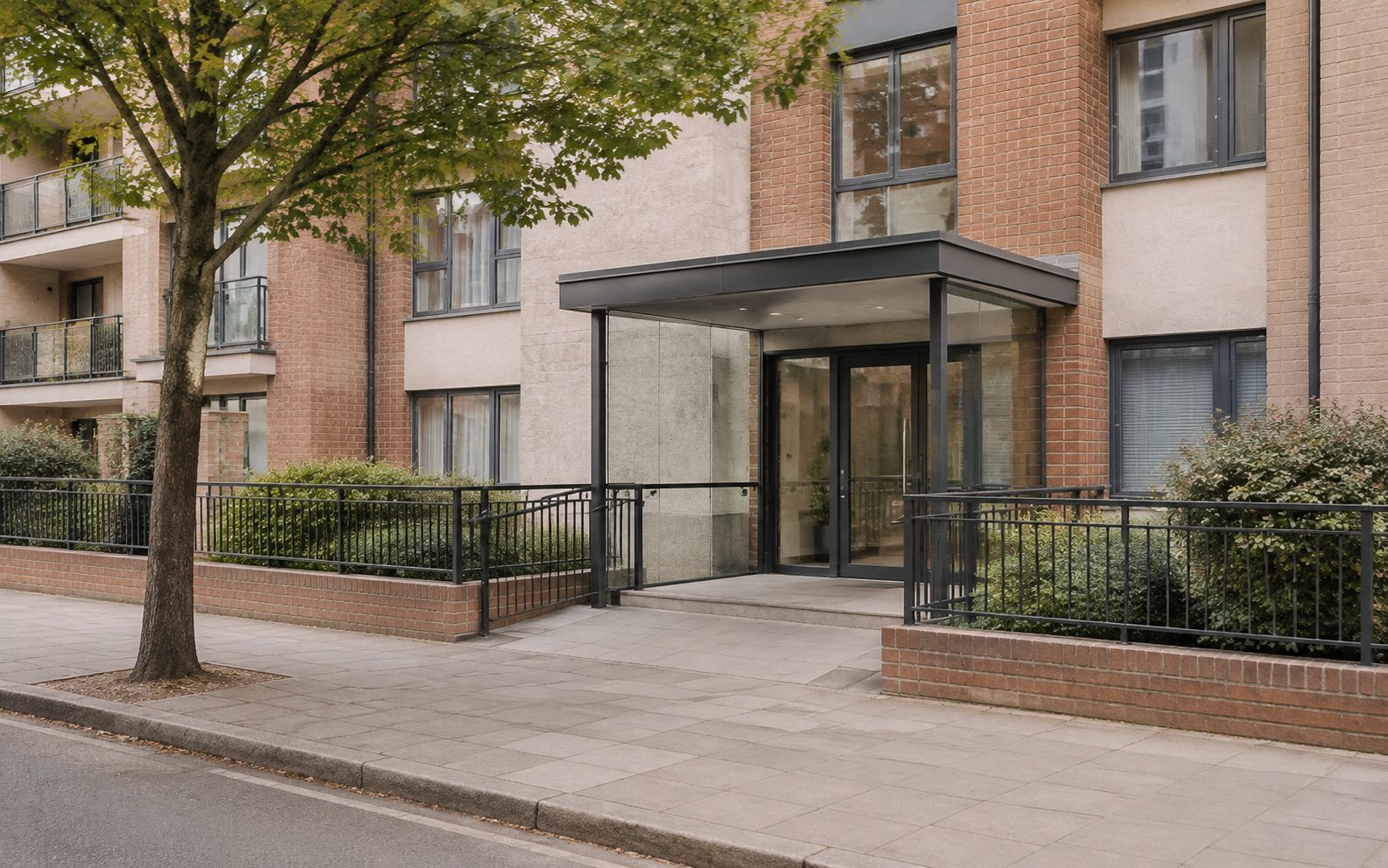 The street approach to a residential block entrance