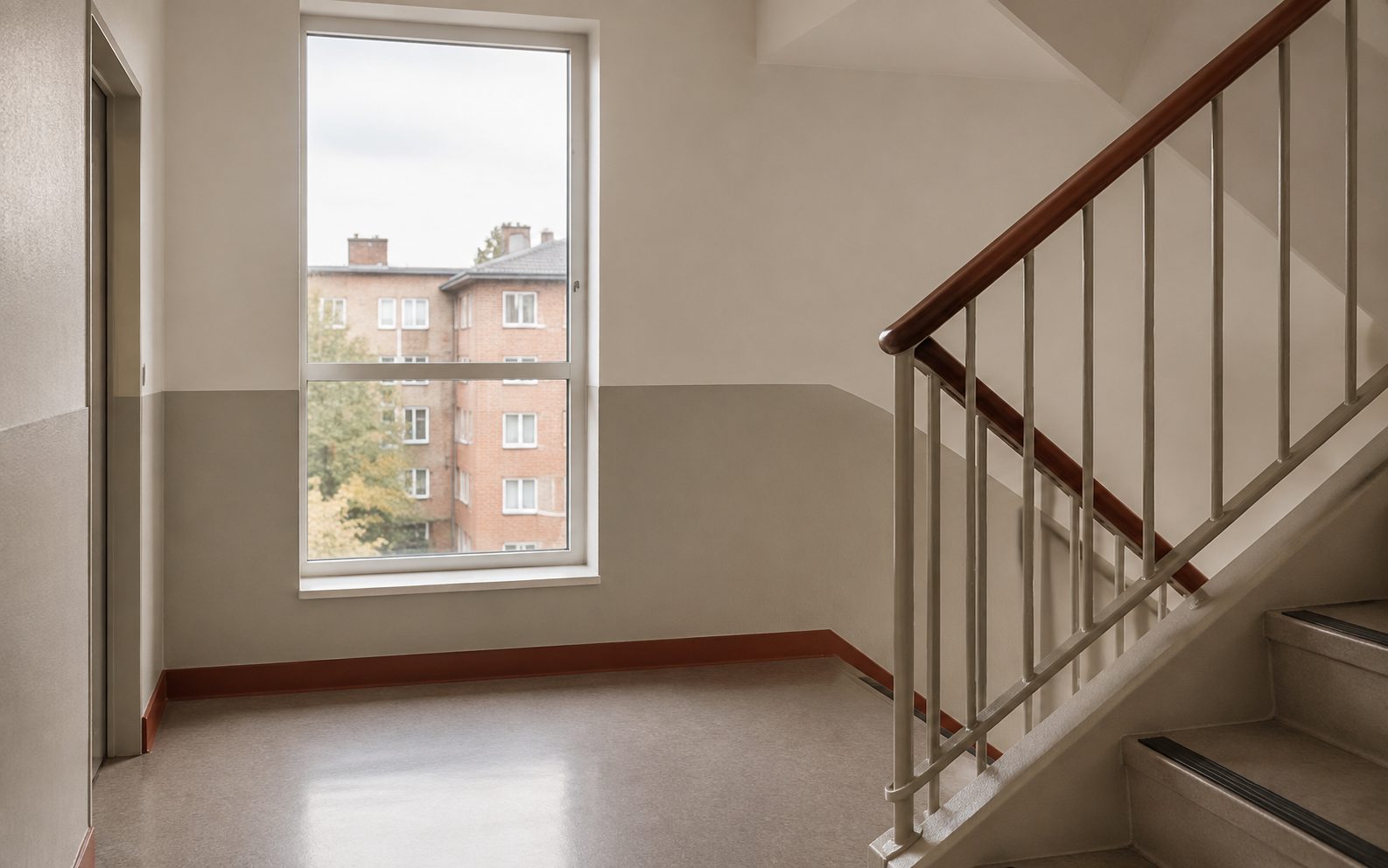 A stair landing with a tall window in an apartment block