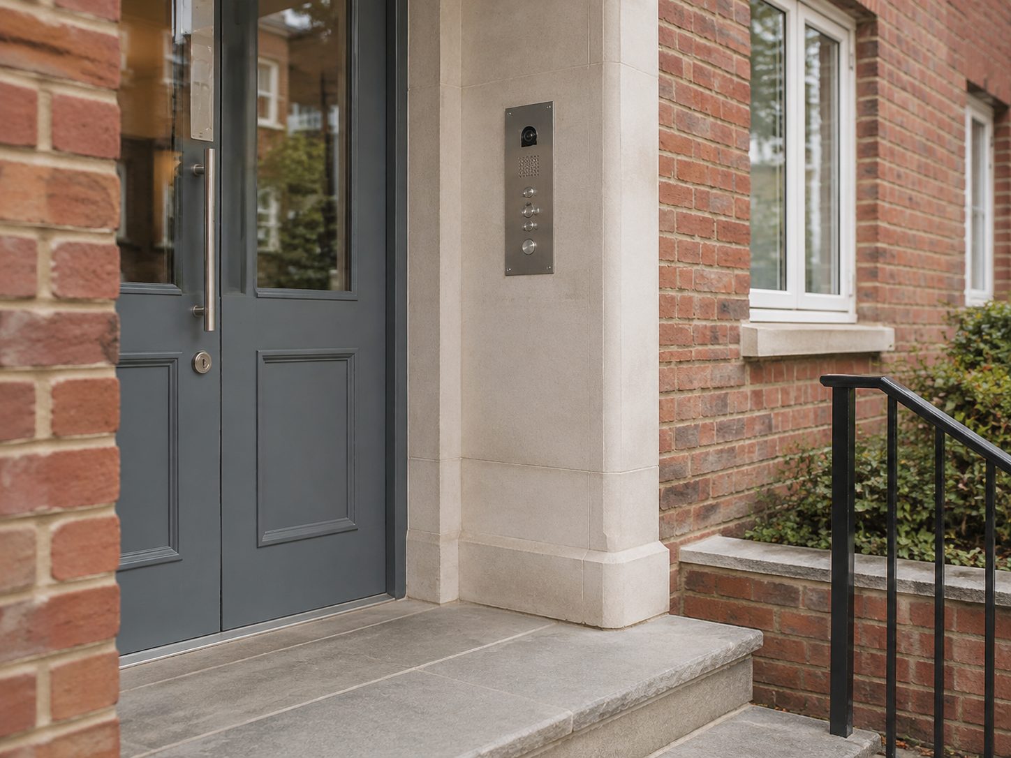 A residential building entrance with a door intercom