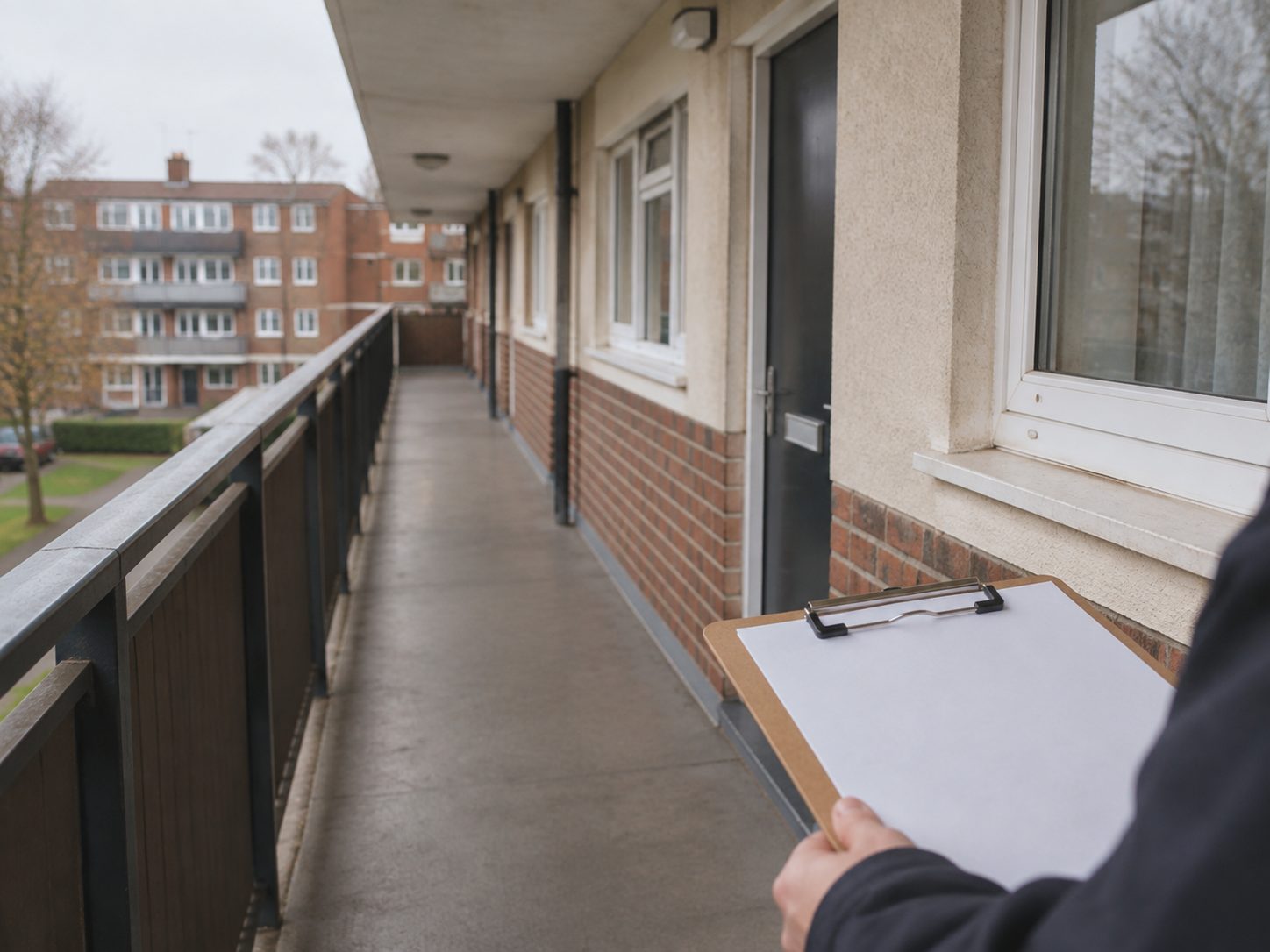 A communal balcony walkway being checked