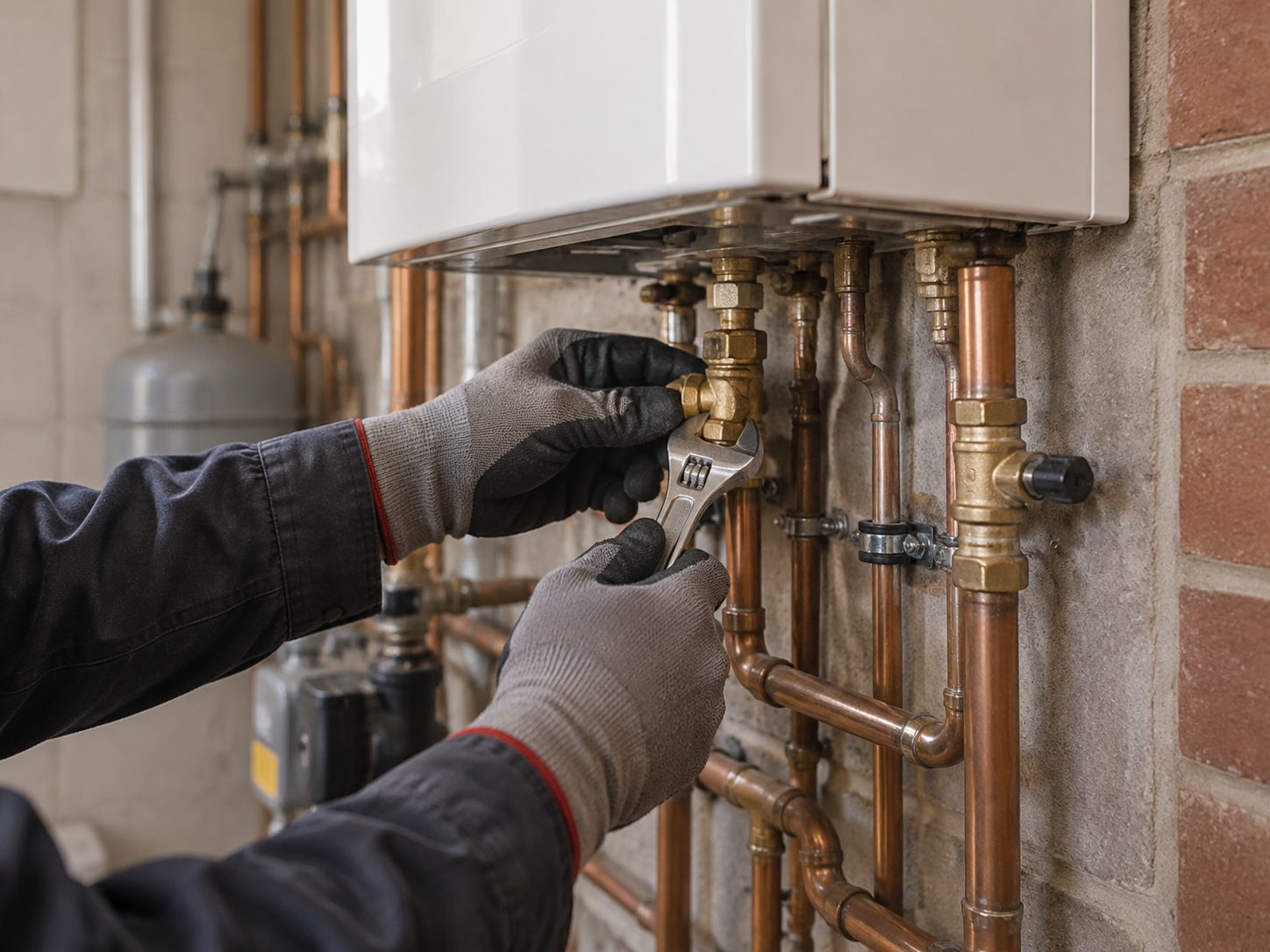Gloved hands working on a valve beneath a boiler