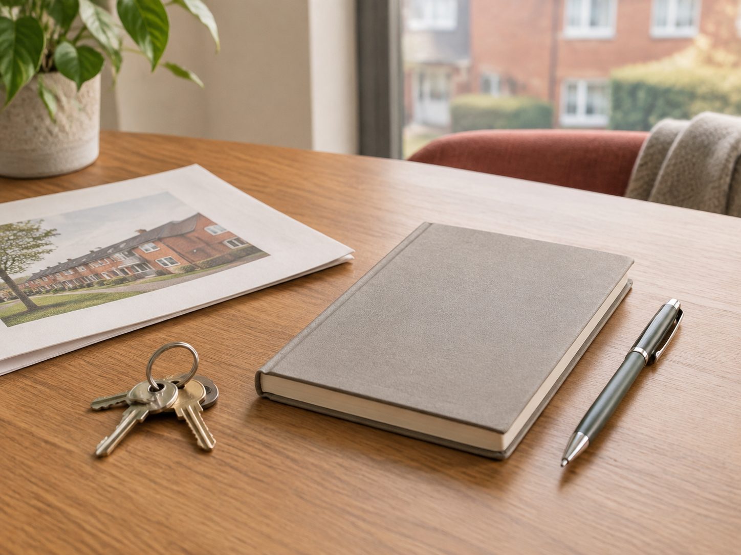 Door keys and a notebook on a desk