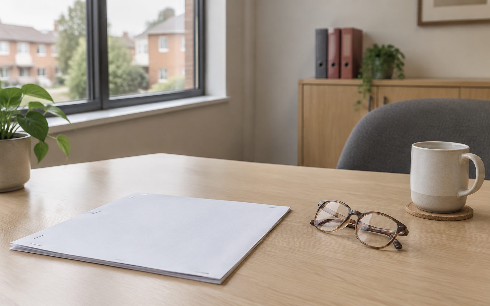 A desk with a stapled document, glasses and a mug