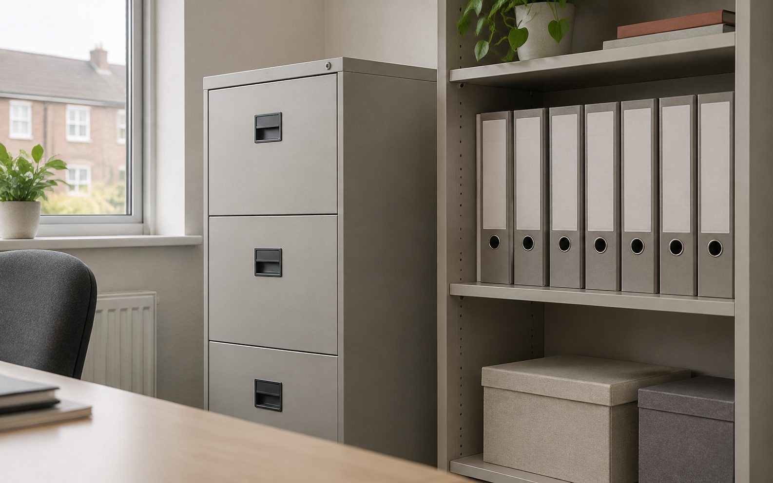 A filing cabinet and lever arch files on a shelf