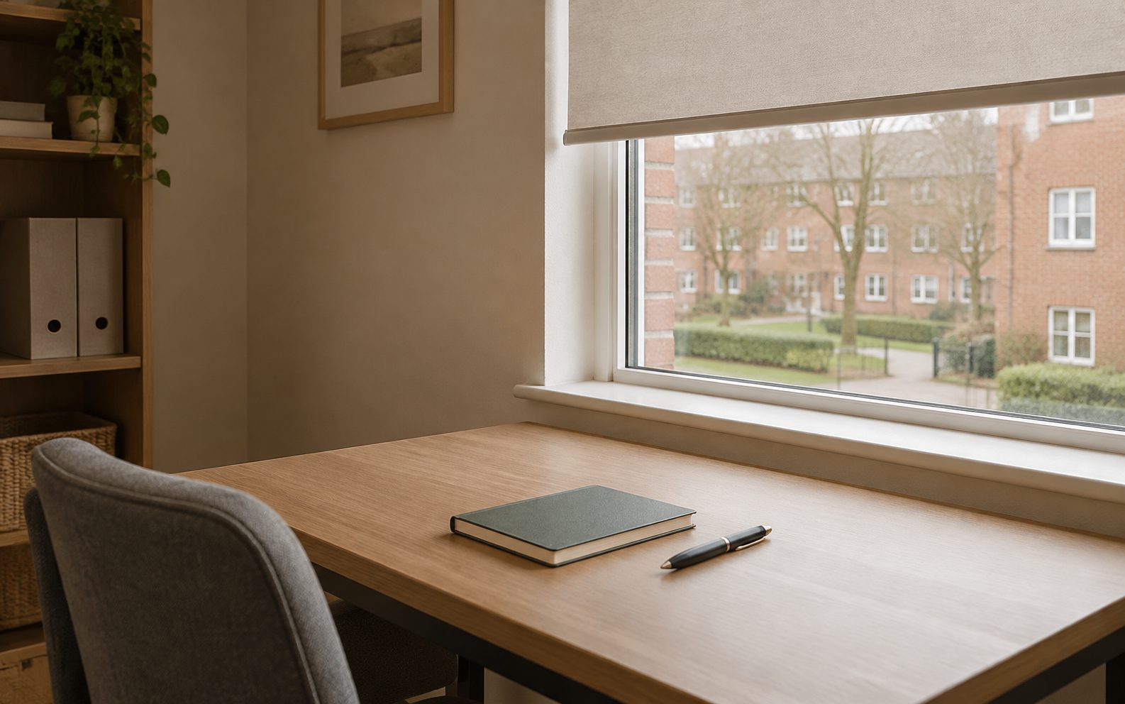 A desk with a laptop beside a window in a small office