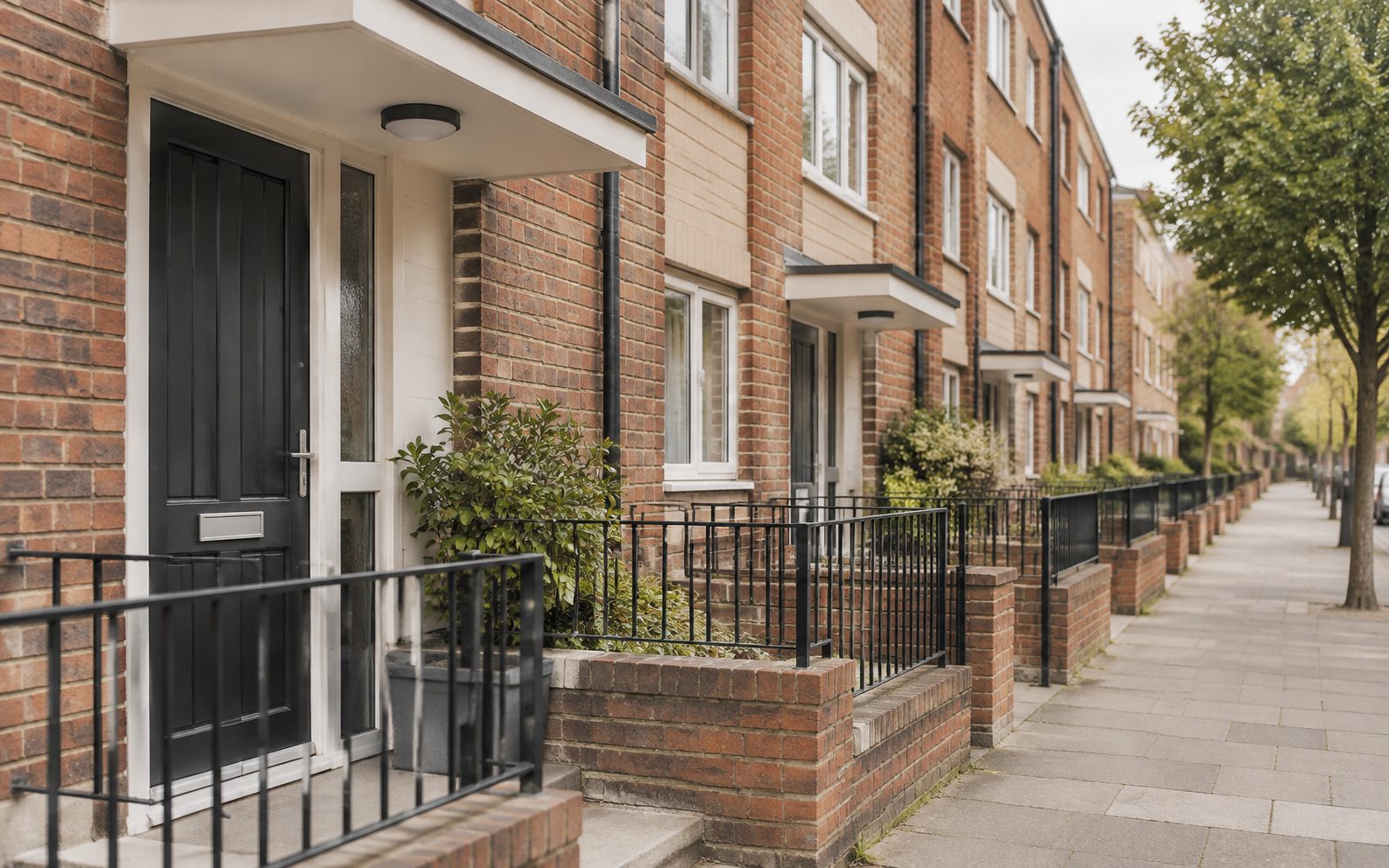A row of residential block entrances along one street
