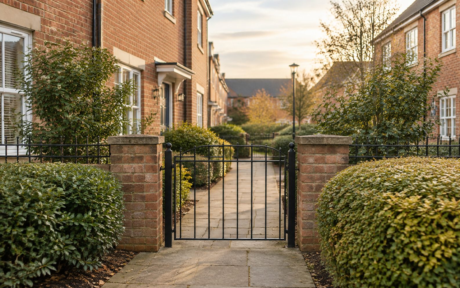 The shared front path and gate of a small development
