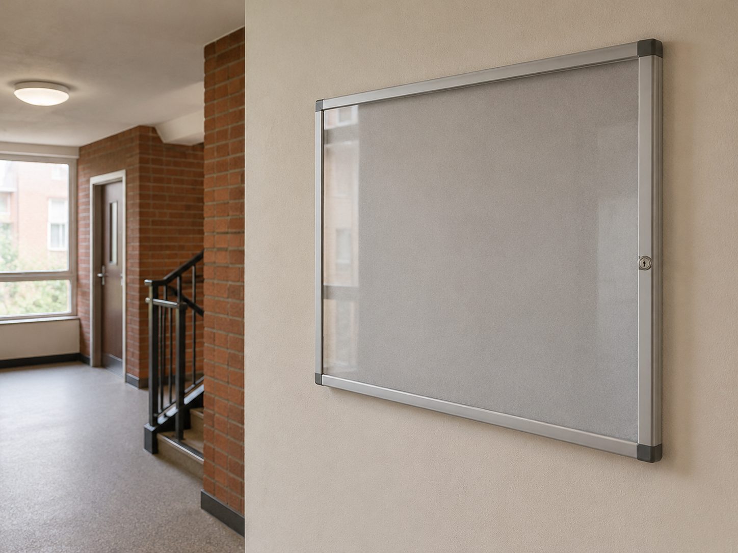 A glazed noticeboard in an apartment block hallway
