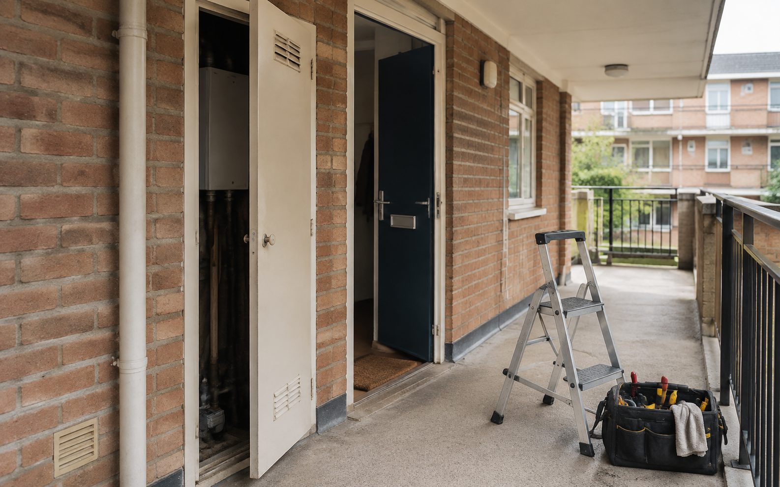 A communal door and service cupboard open during a repair visit