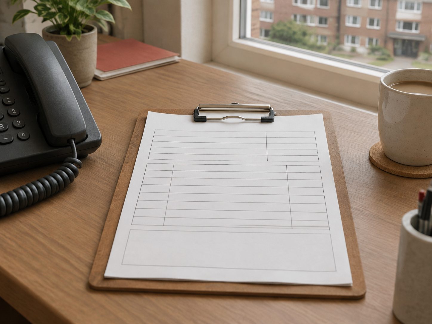A blank work order clipped to a board beside a telephone