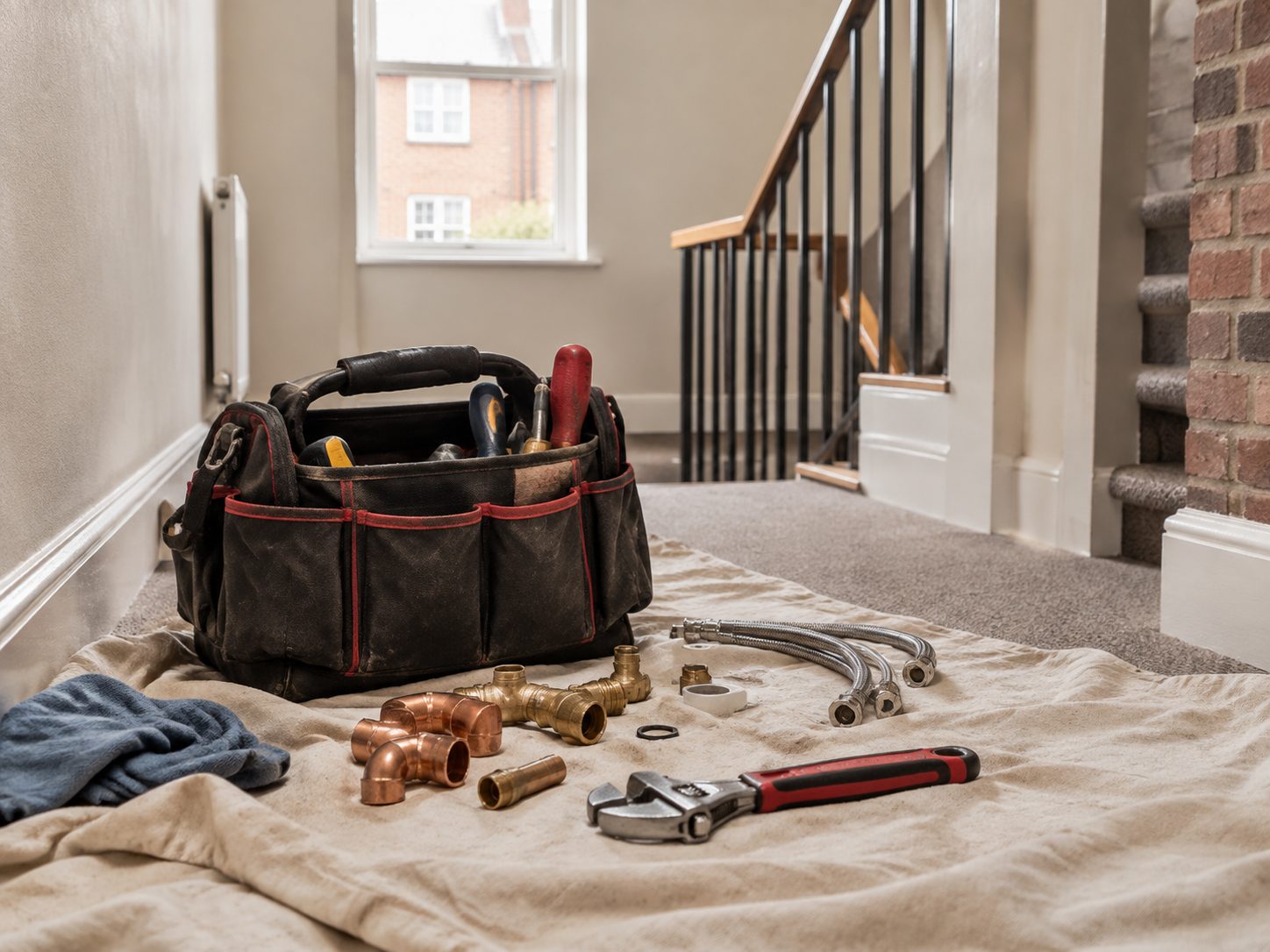 A plumber's toolbag on a dust sheet in a communal area