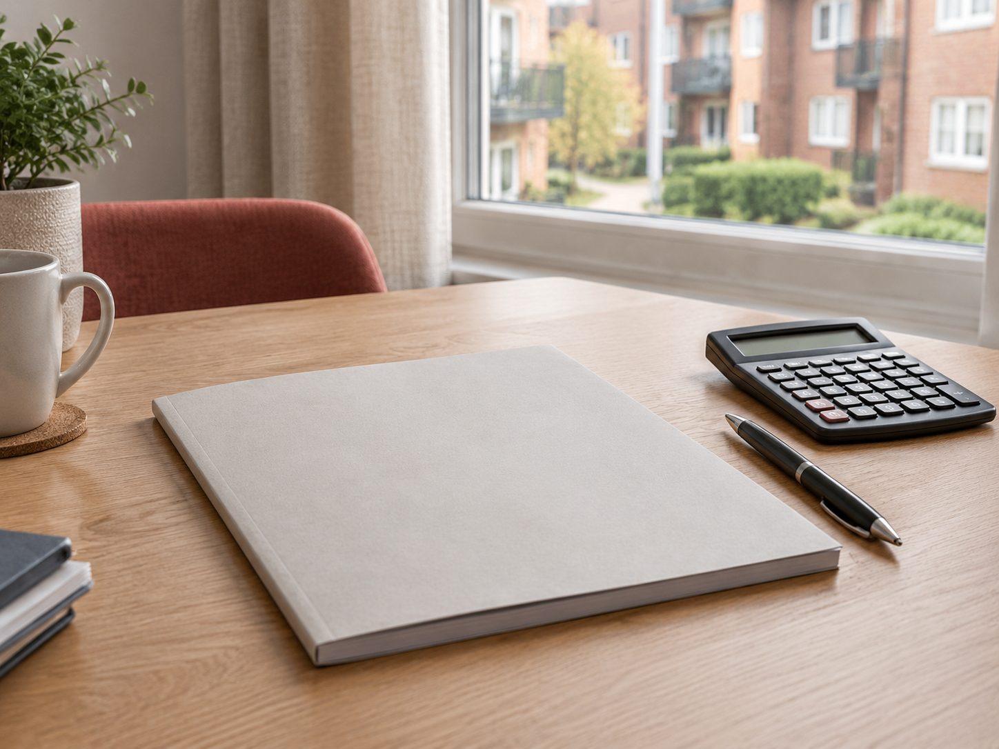 A desk with an accounts booklet, calculator and pen